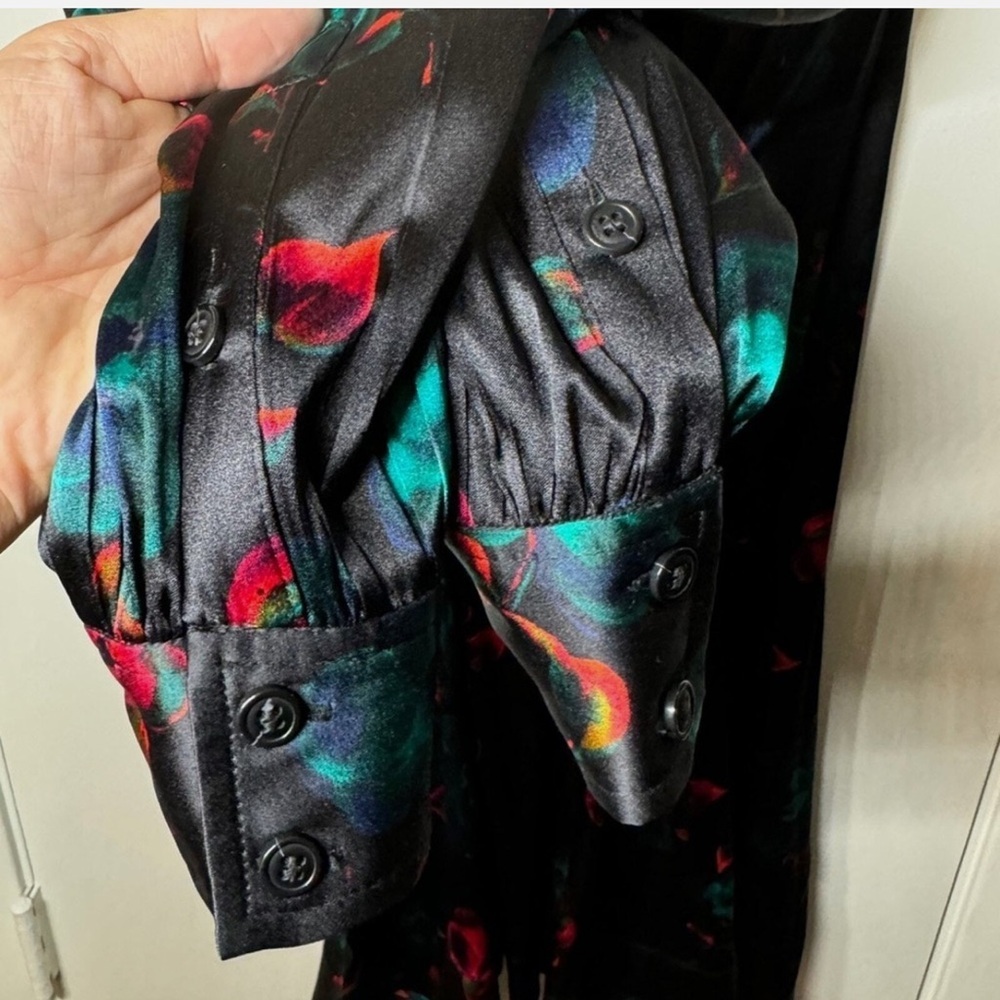 GANNI Black Silk Blend Red Blue Floral Long Puff Sleeves Wrap Mini Dress Size 42 - Picture 12 of 16